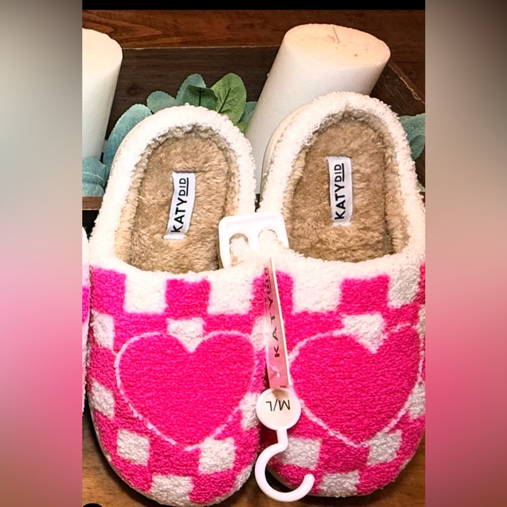 Katydid Fuzzy Pink Heart Slippers